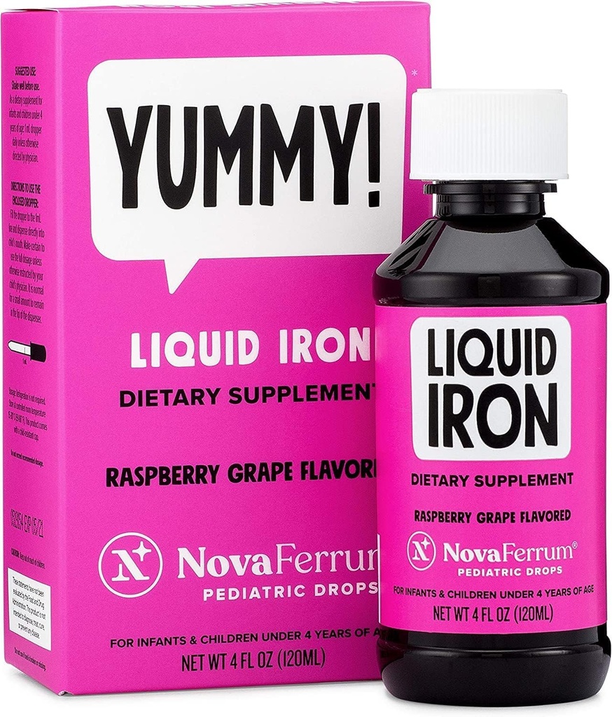 NovaFerrum Yummy -- Bērnu pilieni Šķidrā dzelzs papildinājums zīdaiņiem un toddlers ---šķidrais dzelzs bērniem -- 15mg dzelzs uz 1ml deva --laiki 4 & saskaņā --- Gluten bezmaksas Sertificēts --- bezcukura --- aveņu