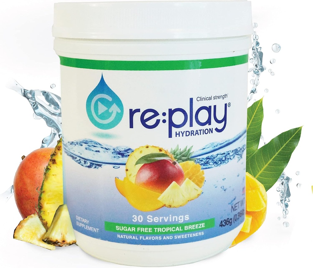 Re:Play Hydration Recovery Drink pulveris, bez cukura Tropical Breeze - 436g vanna, 30 Servings