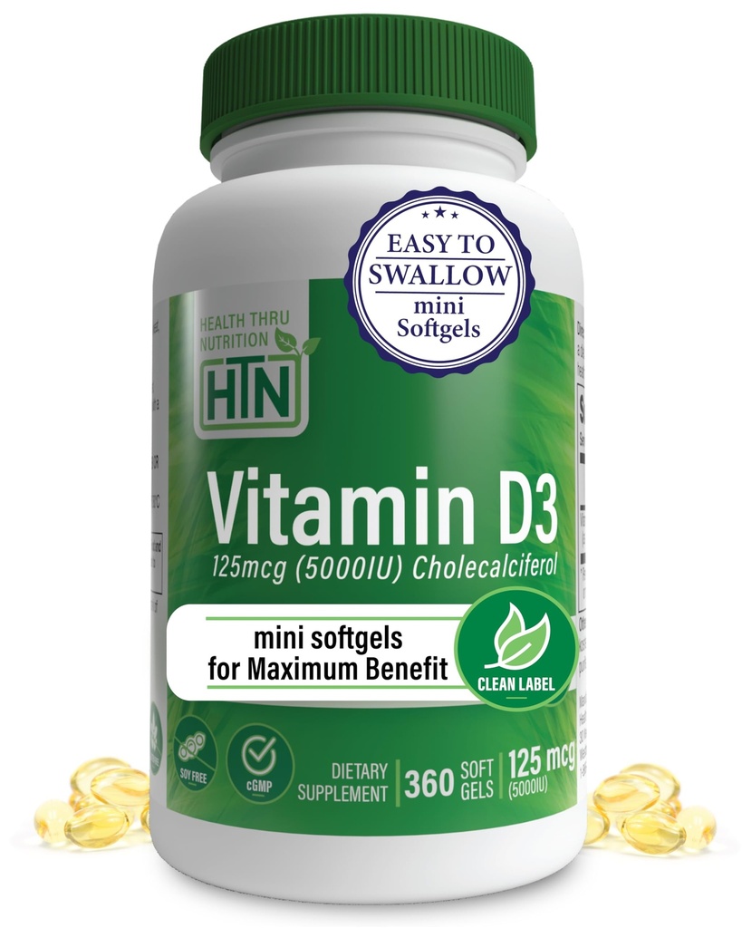 D3 vitamīns 5000iu 360 Mini softgeli maksimālajam pabalsta gadam Piedāvājums 125mcg Holekalciferols - 3rd Party Pārbaudīts Organiskā EVOO pakāpe 