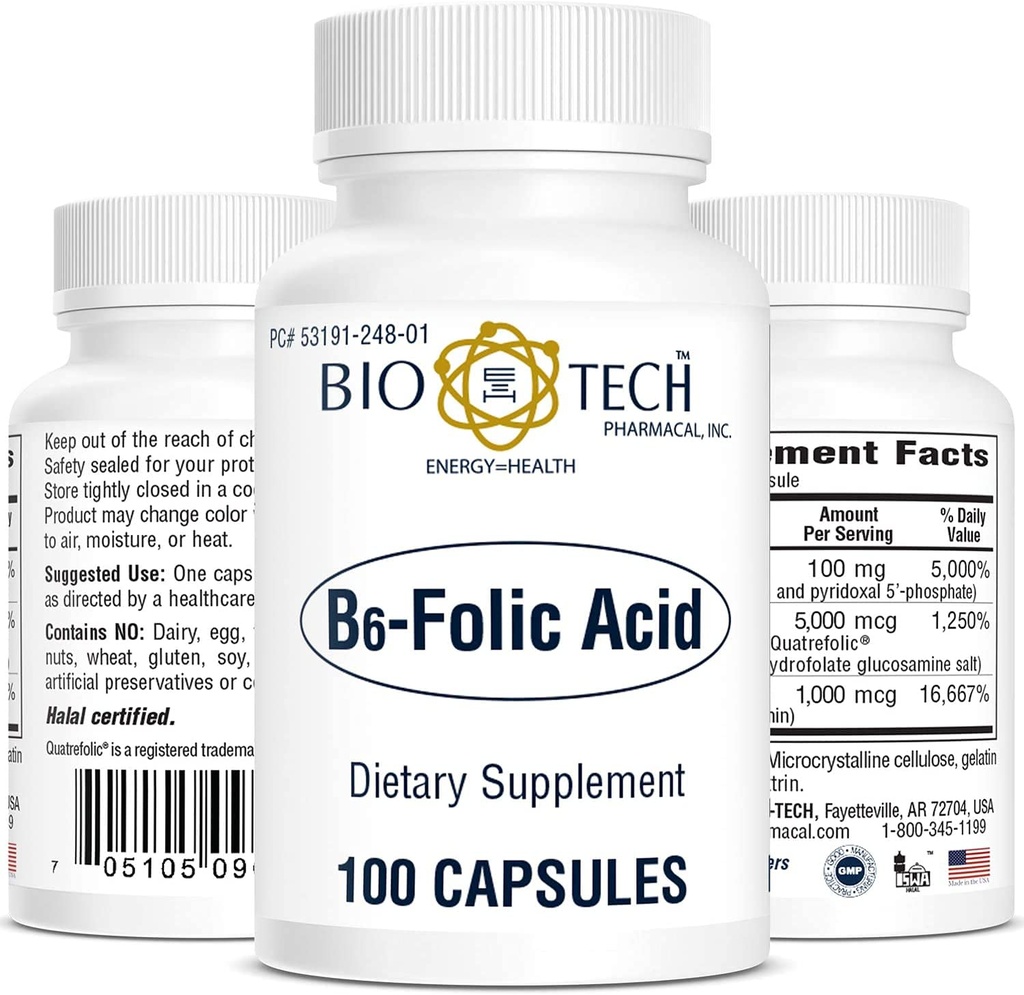 Bio-Tech Pharmacal B6-Folic Acid, 100 kapsulas – All-Natural Supplement – Atbalsta sirds un asinsvadu, kaulu, un nervu sistēmas veselība – Nav piena, zivis, glutēns, zemesrieksts, gliemeži, Halal, & Soy – Nē