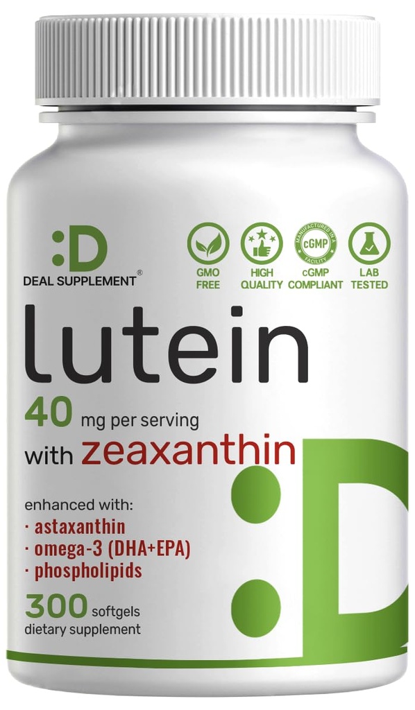 Luteīns un zeaksantīna piedevas, 40 mg Per Servē, 300 softgeli – Plus astaksantīns, omega 3s un fosfolipīdi – ne-GMO