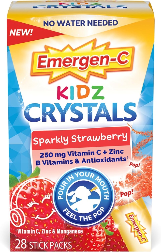 Emergen-C Kidz Crystals, on-The-Go Imūnās atbalsta papildinājums ar C vitamīnu, B vitamīnu, cinku un mangānu, dzirkstošo zemeņu - 28 Stick iepakojumi