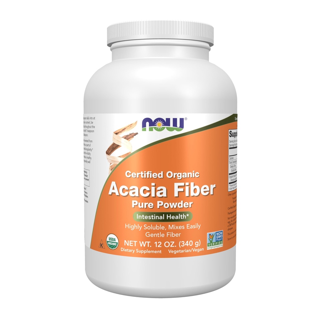 NOW pārtikas piedevas, Acacia Pure Pure Powder, Certified Organic, Augsta Šķīstamība, Maisījumi Viegli, Zarnu veselība*, 12-Aunce