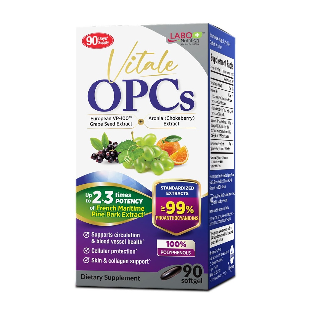 LABO Nutrition Vitale OPCs - Premium Eiropas vīnogu sēklu ekstrakts ar aroniju, citrusu bioflavonoids - atbalsts cirkulācijai, ādas veselībai un šūnu aizsardzībai - 100% polifenoli 90 softgeli