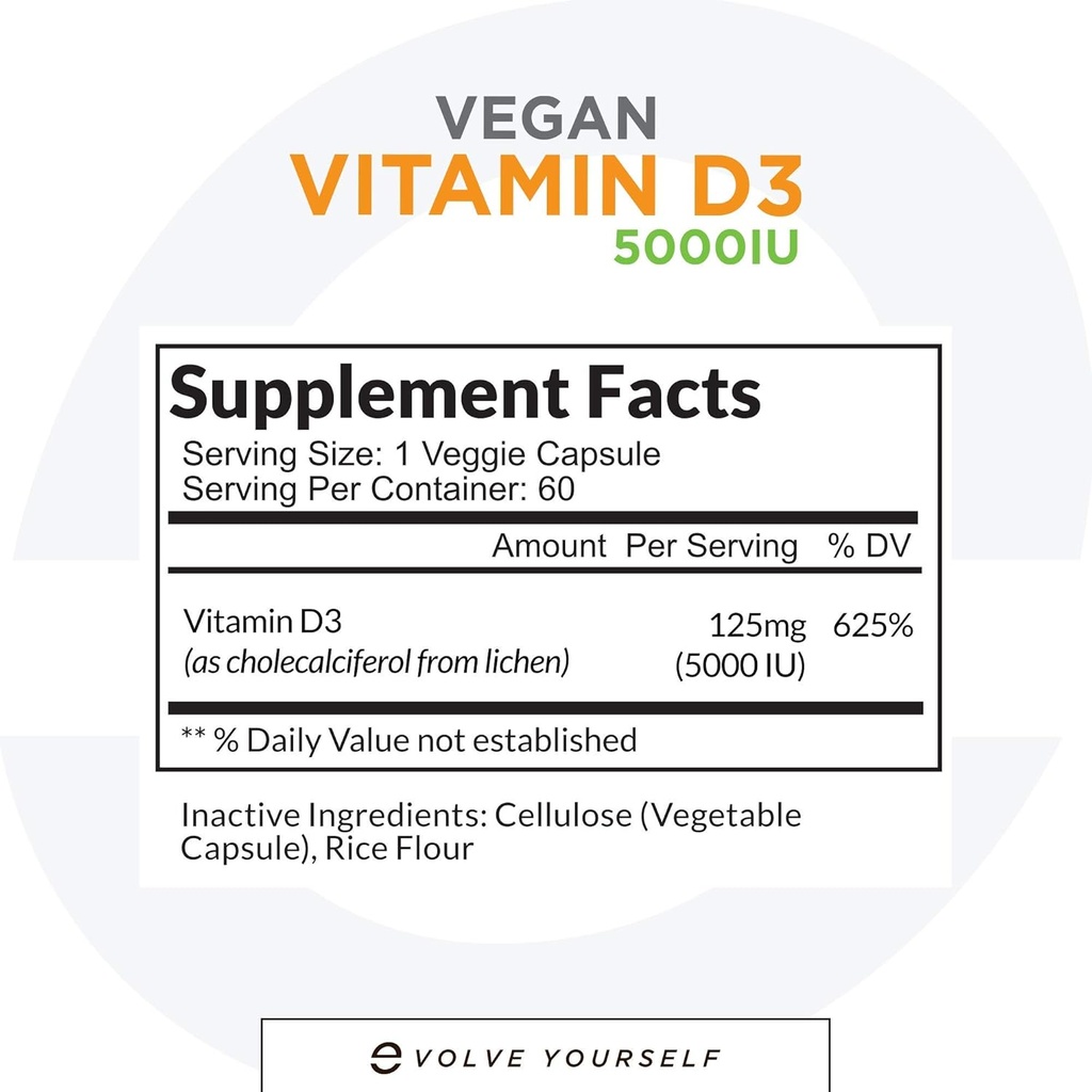 Vegan vitamīna D3 5000 SV papildinājums - tīrs, augstas intensitātes D3 vitamīns 5000 SV piedevas imūnai veselībai un spēcīgu kaulu atbalstam - 120 kapsulas, nodrošinot VIT D3 2 mēnešus ilgu piegādi