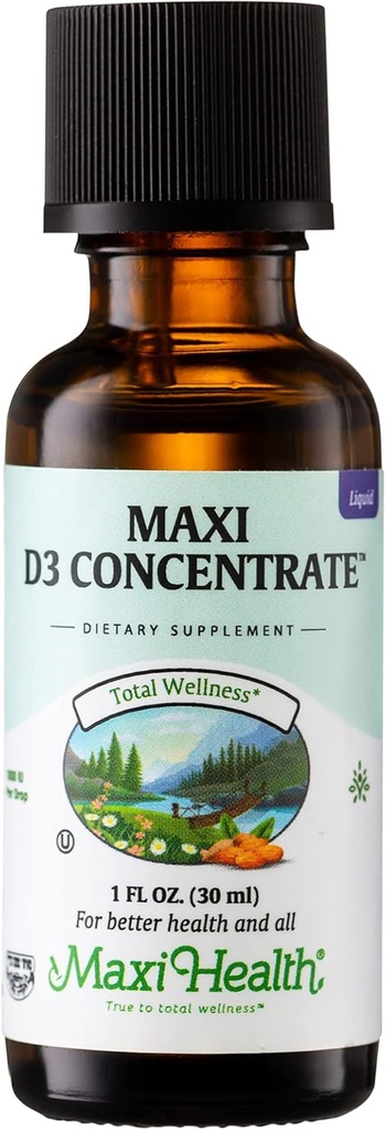 Maxi Veselība D3 vitamīna koncentrāts - 1000 SV pilienā - uztura bagātinātājs - atbalsta kalcija uzsūkšanos, imūno veselību un kaulu veselību pieaugušām sievietēm un vīriešiem (1 fl oz)