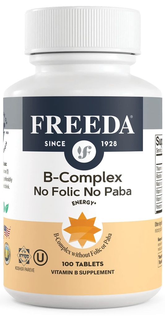 Freeda B vitamīna komplekss No Folic No PABA - Super B komplekss Košera vitamīnu papildinājums ar B1 vitamīnu B2 vitamīns B5 vitamīns B6 vitamīns B12 - Vit B komplekss B sievietēm un vīriešiem (100 Ct)