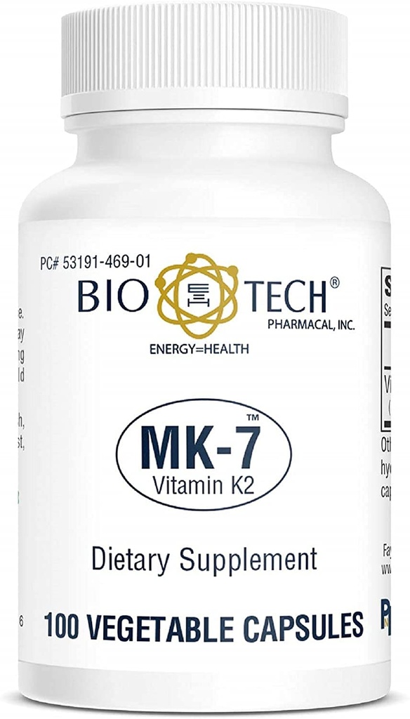 Bio-Tech Pharmacal MK-7 (K2 vitamīns), 100 Dārzeņu kapsulas – Visu dabas papildinājums – Atbalsta Sirds un asinsvadu un kaulu veselība – Nē Piens, Zivis, Gluten, Peanut, Shellfish, ĢMO, Kosher, Halal, & Soy -