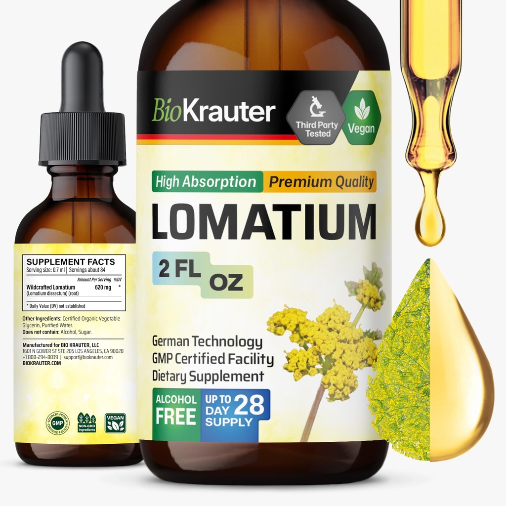 BIO KRAUTER Lomatium Root Tincture - Vegan Respiratorā atbalsta papildinājums - Lomatium Dissectum Šķidrais ekstrakts - bez alkohola un cukura - 2 Fl.Oz.