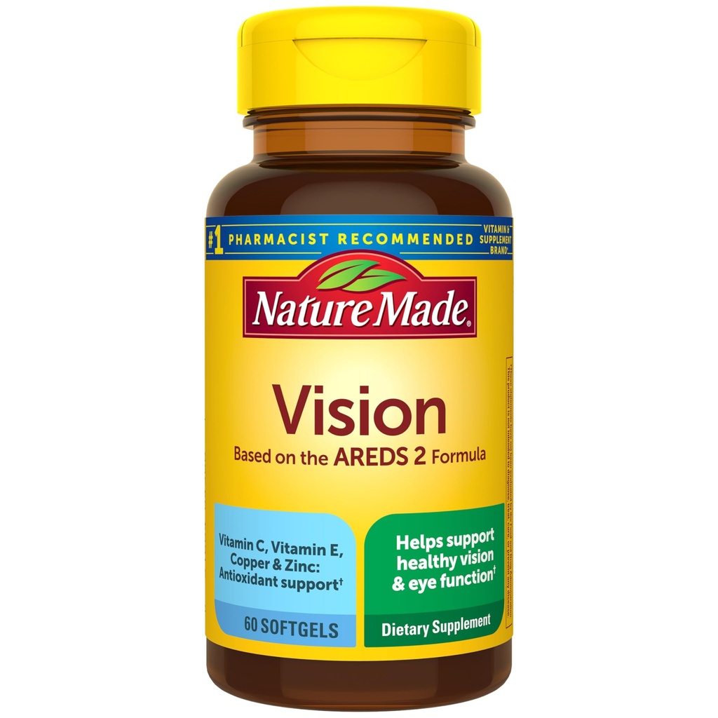 Dabas Made Vision Pamatojoties uz AREDs 2 Formula, Acu vitamīni ar luteīnu un zeaksantīnu, vitamīns C, vitamīns E, cinks un varš veselīga redzes un acu funkcijas atbalsts, 60 Softgels, 30 Day Supply