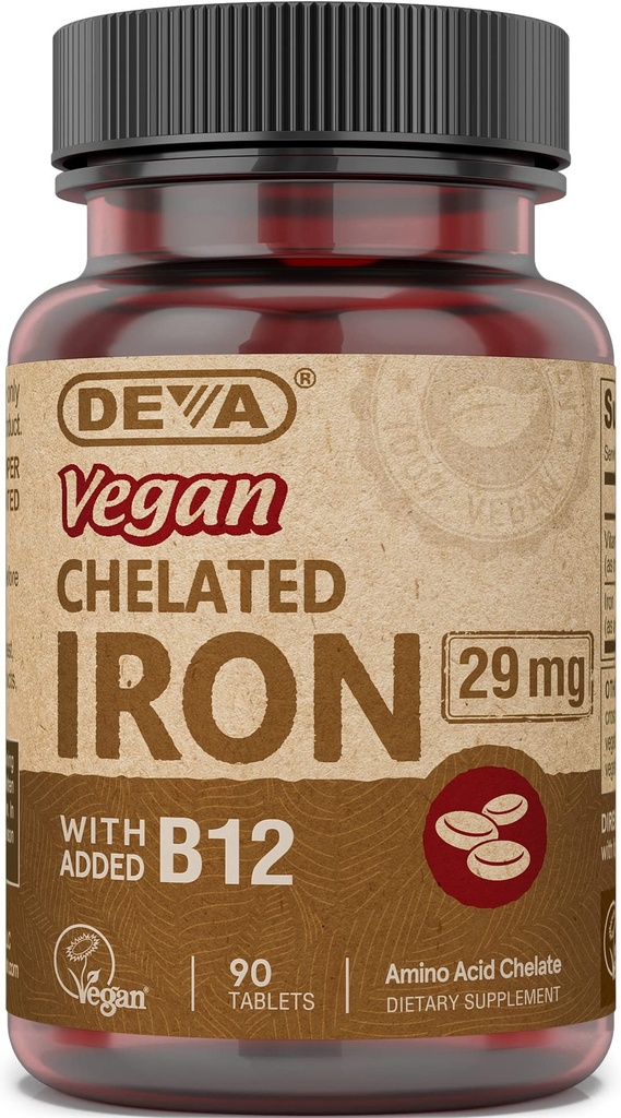 Deva Nutrition Vegan Helated Iron 29 mg, bagātināts ar B-12 – stipru iedarbību, viegli norīt – 90 tabletes, 1- iepakojums