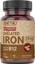 Deva Nutrition Vegan Helated Iron 29 mg, bagātināts ar B-12 – stipru iedarbību, viegli norīt – 90 tabletes, 1- iepakojums