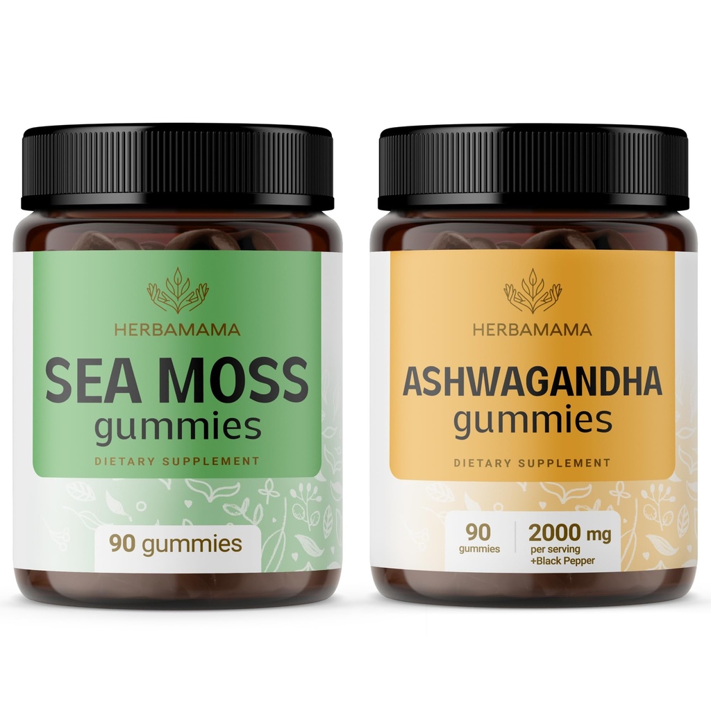 HERBAMAMA Sea Moss un Ashwagandha Kit - 1600 mg jūras moss ar Bladderwrack un Ashwagandha Root Gummies - Vegan, non-GMO, bez želatīna - 2 iepakojums