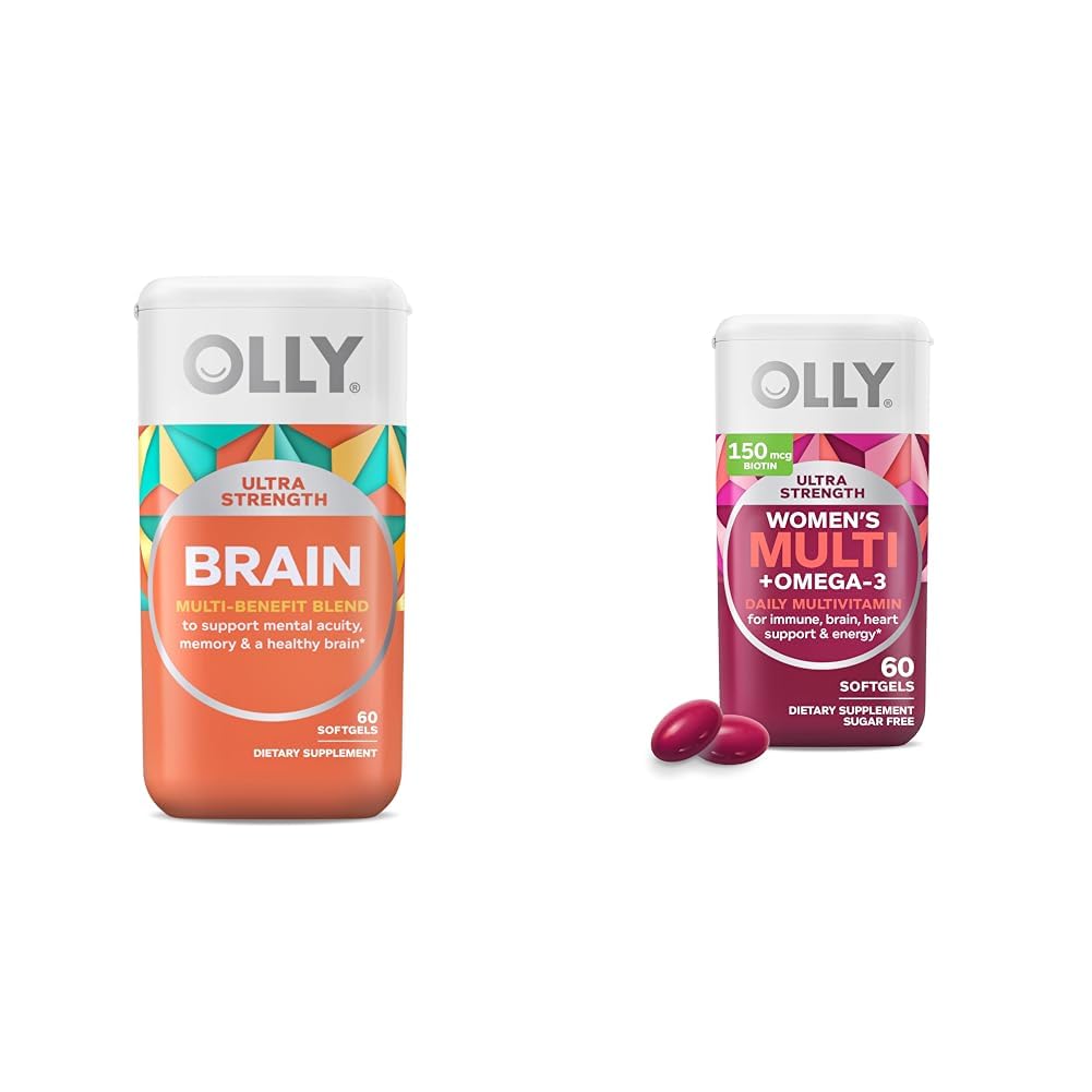 OLLY Ultra Strength Smadzenes Softgels, Nootropic atbalsta veselīgu smadzeņu funkciju, atmiņu, Focus & Ultra Women Multi Softgels, vispārējo veselību un imūno atbalstu, omega 3s, dzelzs, vitamīni A, D