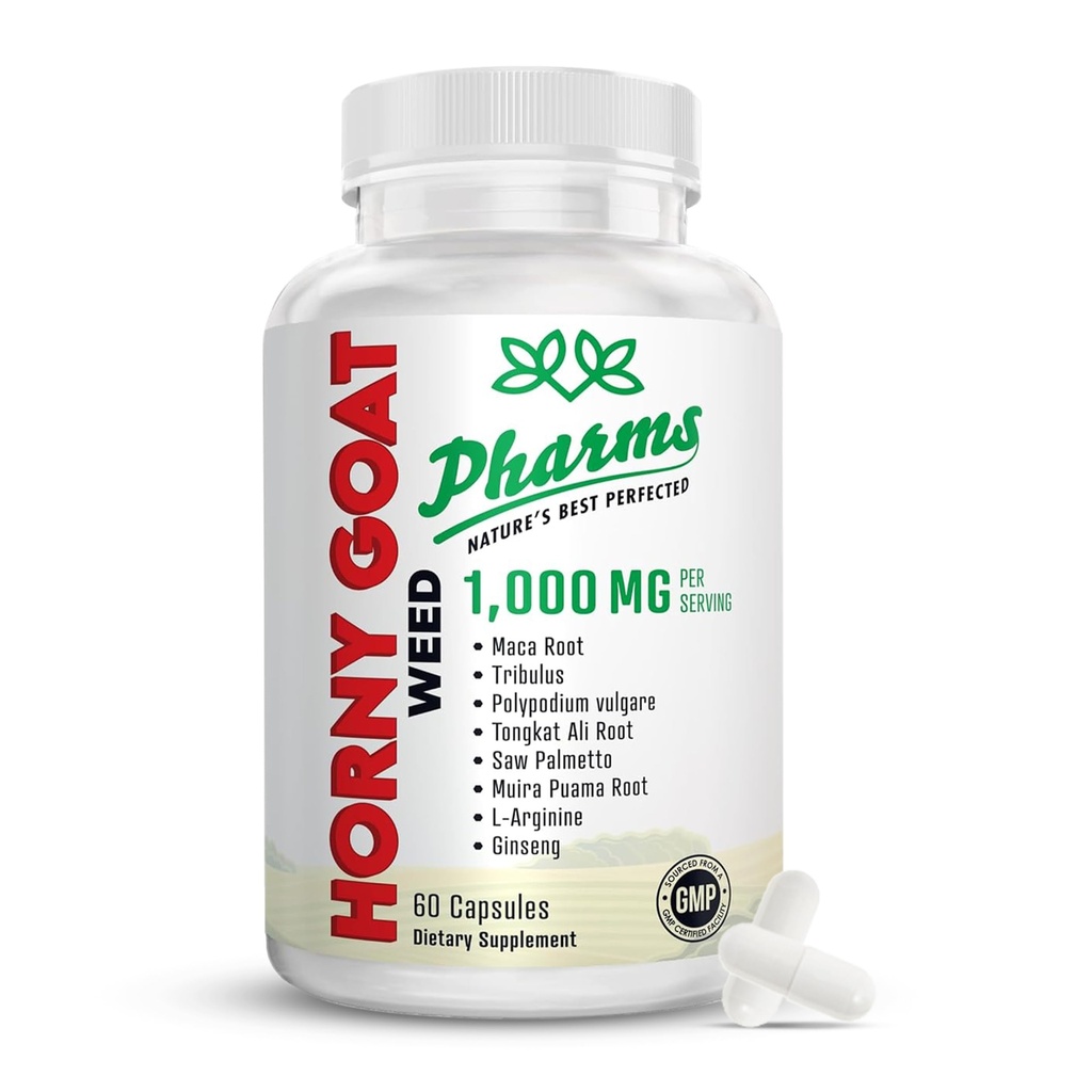 FARMS Hornygoatweed for Men & Women (1000 mg) - Enerģija un izturība Kapsulas ar Maca Sakni, Tribulus, Tongkat Ali, Saw Palmetto & Ginseng - Sieviešu un vīriešu veiktspējas uzlabošana Papildinājums - 60 kapsulas