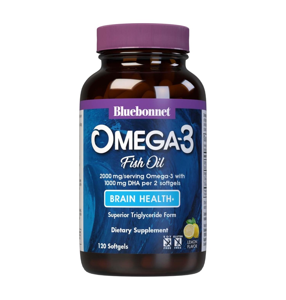 BlueBonnet Nutrition Omega-3 Smadzeņu formula Dabīgs savvaļas caugs Triglicerīds Forma DHA 1000 mg EPA 210 mg, Koncentrēts Kognitīvā veselība un labsajūta Papildinājums, bez lipekļa Softgel, Dzeltens/Clear, Lemon, 120 Count