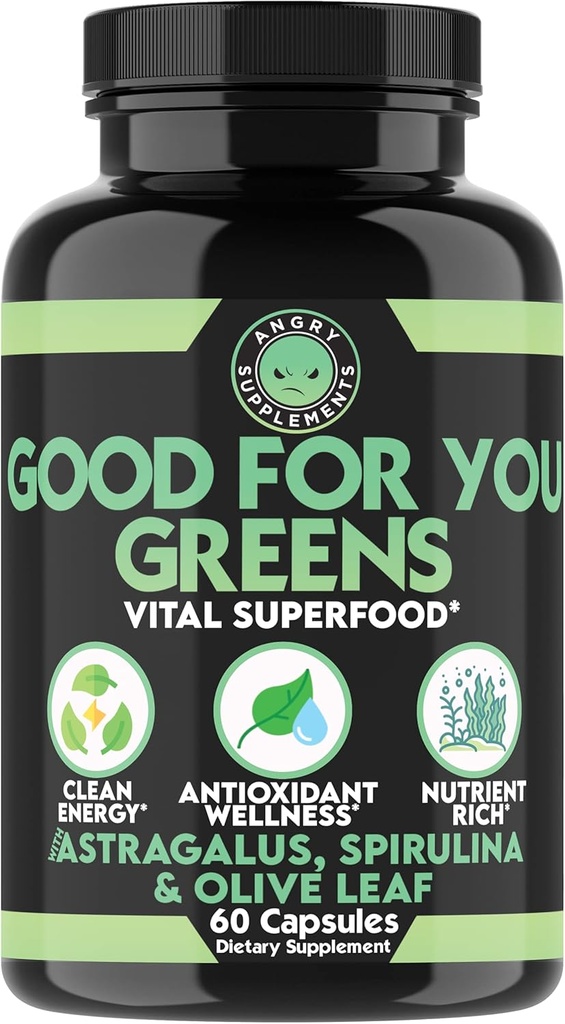 Dusmu papildinājumi labi jums zaļajiem, vitāli zaļās super pārtikas Blend imūnās atbalsta Booster Formula, infusioned with Spirulina, Astragalus Root, un Olive Leaf Root Extract (1-Bottle)