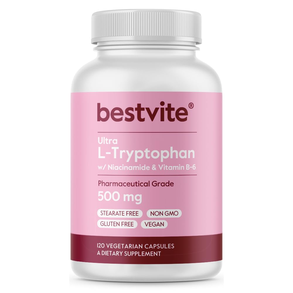 BESTVITE L-triptofāns 500mg ar B3 un B6 (120 Veģetārās kapsulas) – bez pildījumiem – bez stearātiem