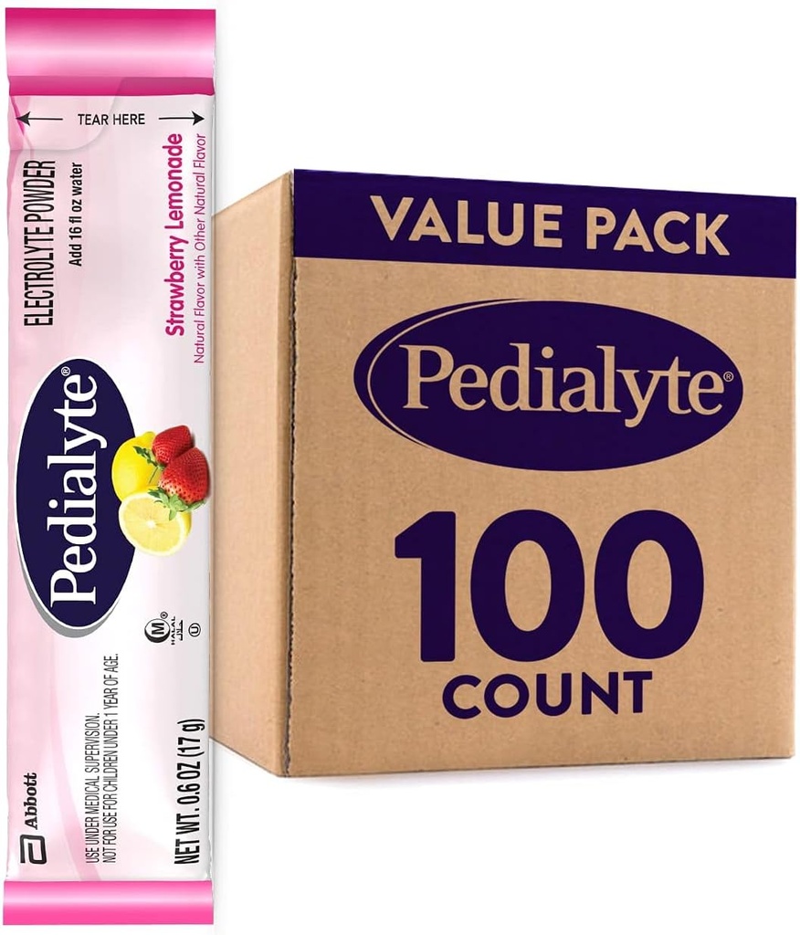 Pedialītu elektrolītu pūdera paketes, zemeņu citronāde, hidrācijas dzēriens, 100 vienkārtas pūdera iepakojumi
