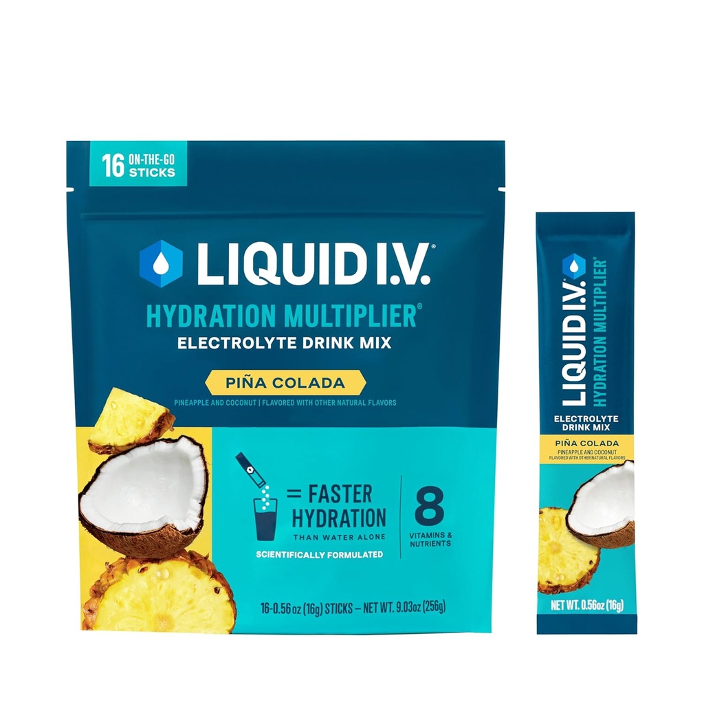 Šķidrs I.V.® Hidratācijas pavairotājs® - Piña Colada - hidrācijas pulvera paciņas • Elektrolītu pulvera maisījums • Ērti vienkārtas uzlīmes • Ne-GMO • 16 Kalpojumi (12. iepakojumā)