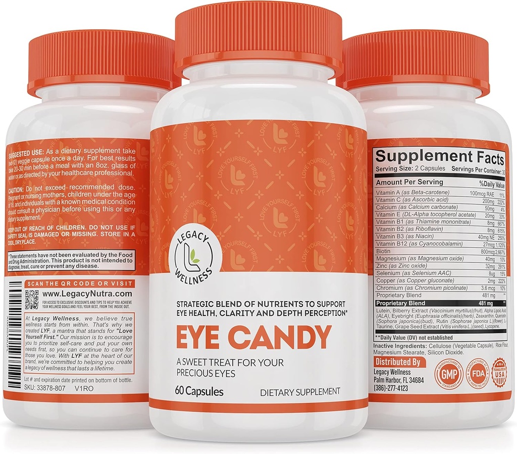 Legacy Wellness Acu Candy Acu vitamīni ar luteīnu, Zeaksantīnu, kalciju, biotīnu, varu, cinka tabletes + atbalsta redzes veselību novecošanās pieaugušajiem + acu celmi no pārāk daudz ekrāna laika, sausās acu piedevas