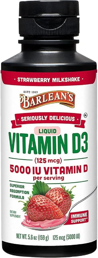 Barleāna šķidrs D vitamīns, 5000 SV D3, zemeņu piena sēnītes, kas uzkaisītas bērniem un pieaugušajiem, maksimālā absorbcija, ne-ĢMO, bez lipekļa - 5,6 oz