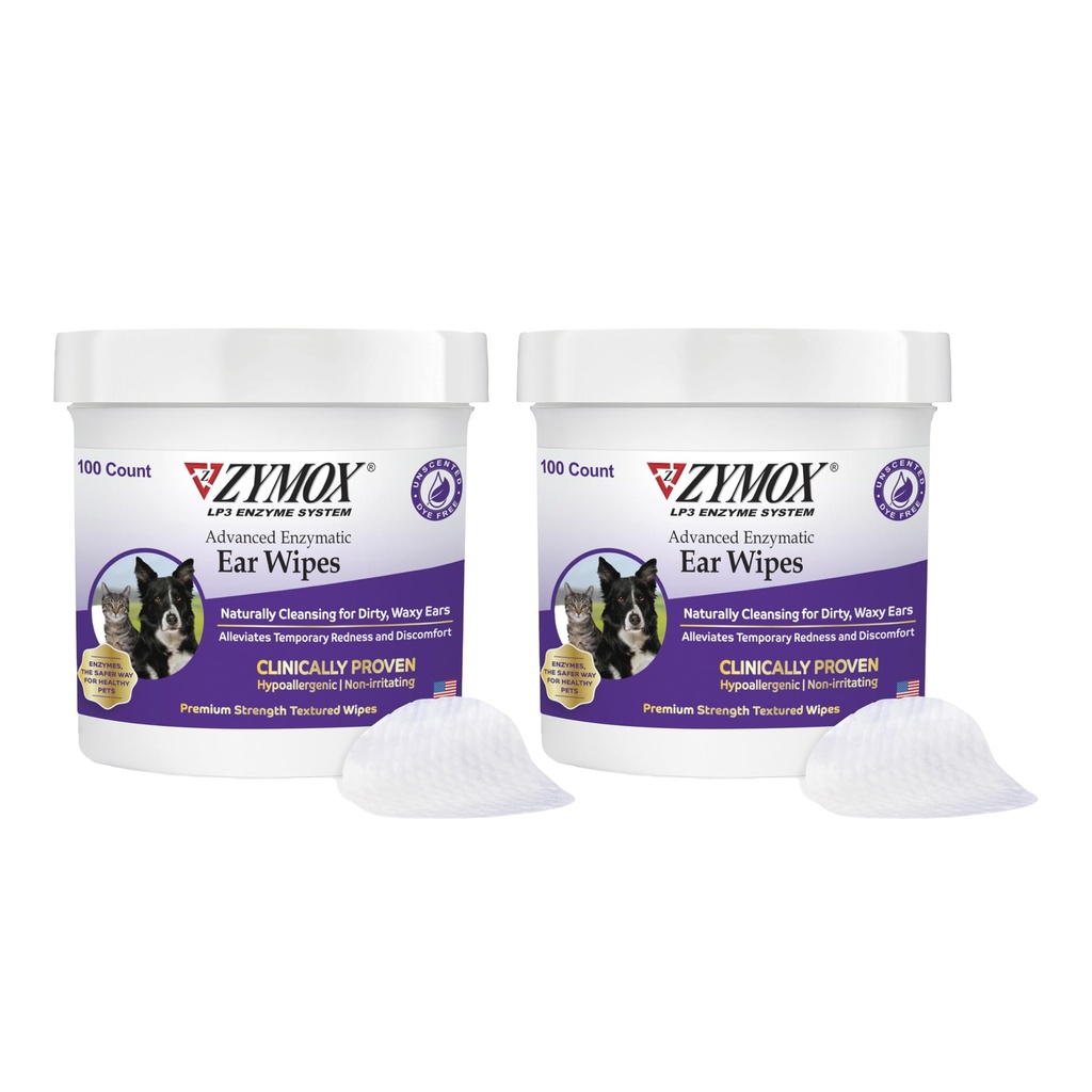 Zymox Advanced Enzymatic Ausu Wipes suņiem un kaķiem - netīrs, vaskveida, smirdīgas auss - Premium Strength Ausu tīrītājs Wipes - neiritējošs - Hipoalerģisks (100 Count-Pack of 2)