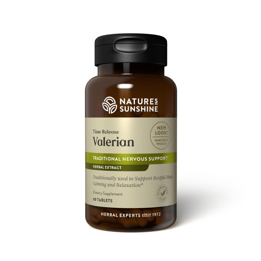Dabas Sunshine Valerian Root Extract Time Release, 60 kapsulas       ) Augu papildinājums veicina relaksāciju, atbalsta miegu, un sniedz dabas nervu sistēmas atbalsts
