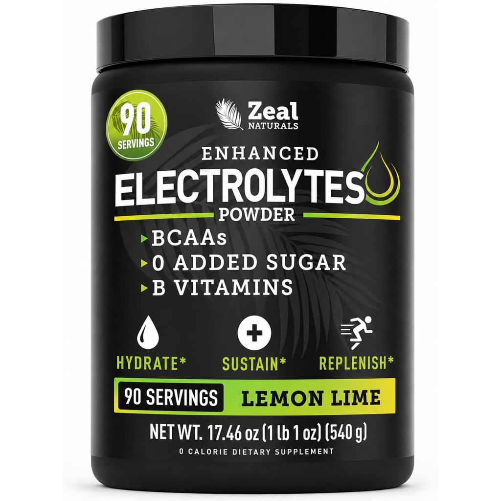 Zeal Naturals Elektrolītu pulvera reģenerācijas Dzēriens (90 Pasniedz - Lemon Lime) w 0 Cukura +BCAAs +B-Vitamīnu Elektrolītu Papildinājums w Kālija Cinka un magnija hidrācijai - Keto Electrolytes