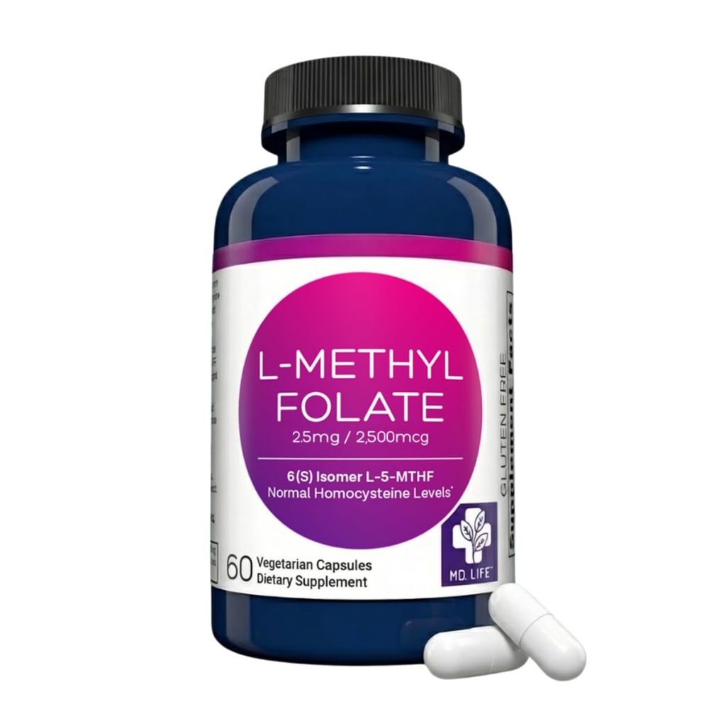 MD Life L-metilfolāts 2,5 mg Papildinājums - Profesionālās klases aktīvā L metilfolāta Papildinājums - 60 kapsulas - L-metilfolāts 2.5 mg - maksimālā aktivitāte MTHFR W/ Essential Aminoskābes