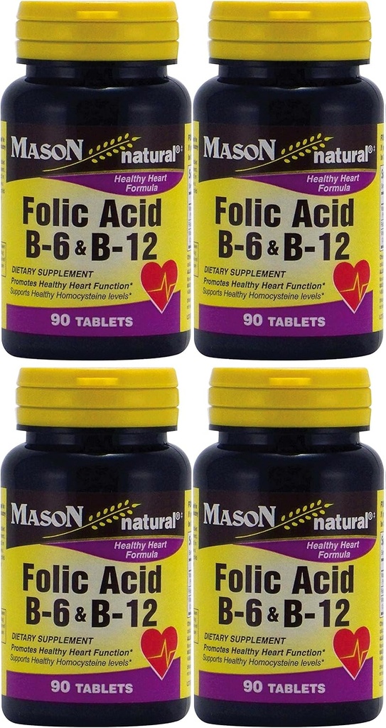 Mason Vitamīni Folijskābe B-6 & B12 Sirds veselība Formula 90 tabletes pudelē 4 kopā 360 tabletes