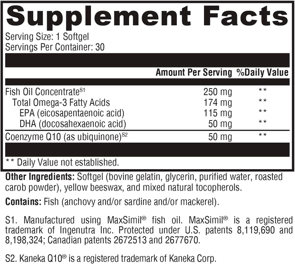 XYMOGEN CoQmax Omega 50 mg - CoQ10 + Zivju eļļa Omega 3 papildinājums - Divējādas darbības sirds veselības atbalsts - Coenzyme q10 + Specializētā zivju eļļa 3X lielākai EPA DHA absorbcijai (30 softgeli)