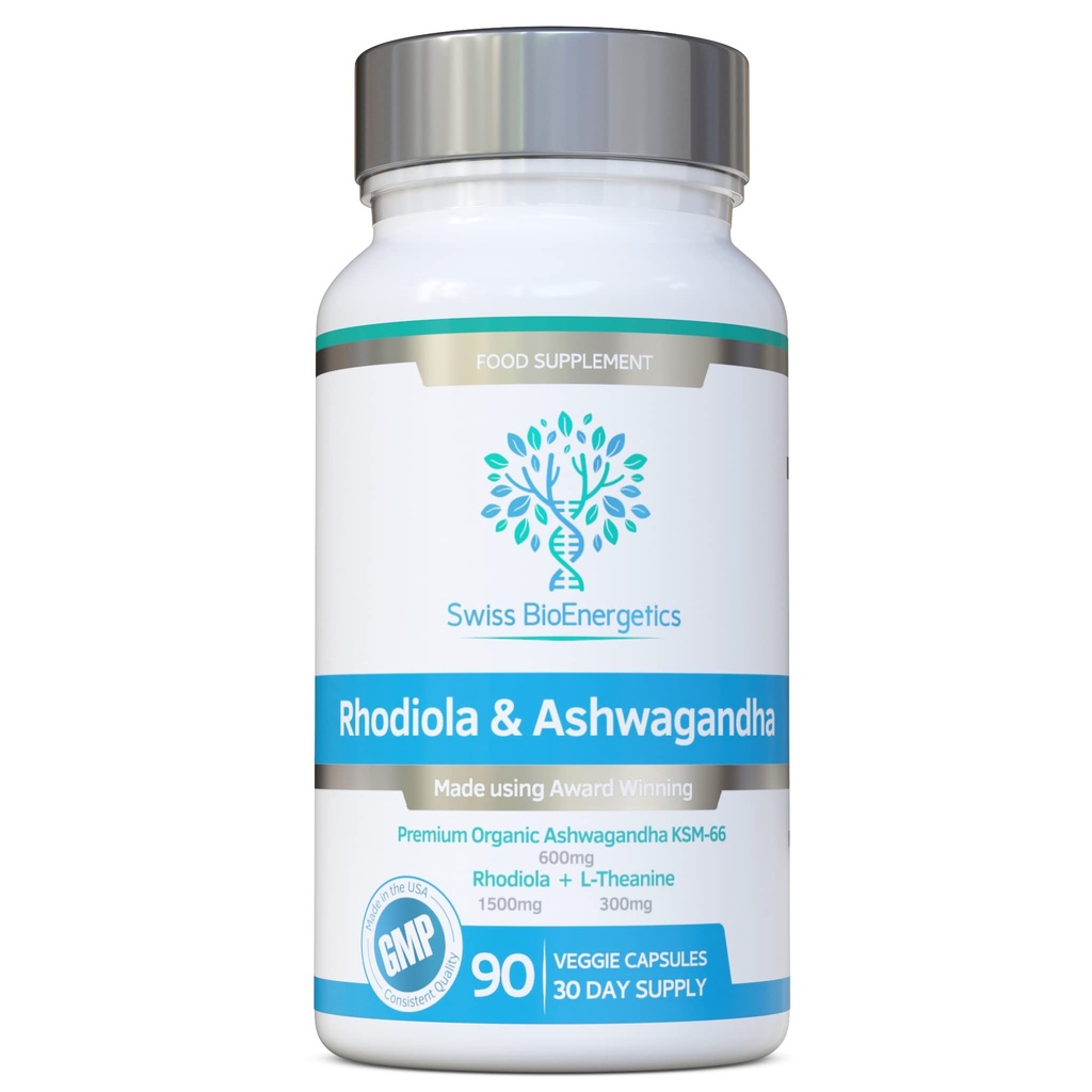 Rhodiola & Ashwagandha ar L-Teanīnu - Award Winning Ashwagandha KSM-66 600mg & 1500mg Rhodiola (3% Rosavins - 1% Salidrosides) veselas saknes ekvivalents - adaptogēnu kombinācijas Nav mākslīgu pildvielu
