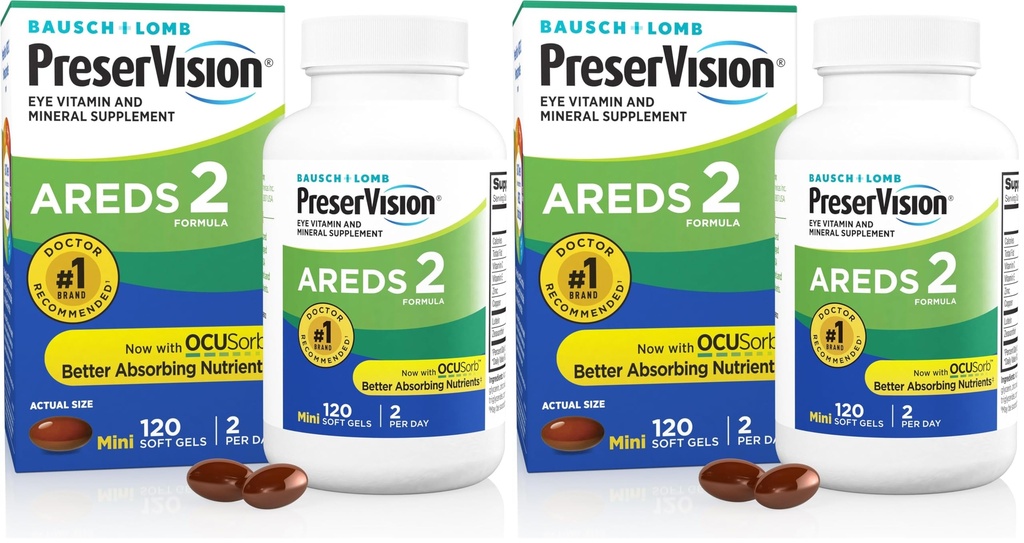 PreserVision ARED 2 Acu vitamīnu un minerālvielu piedevas, satur luteīnu, C vitamīnu, Zeaksantīnu, Cinku un E vitamīnu, 120 softgelus (iepakojums maijā var būt) (2. iepakojums)