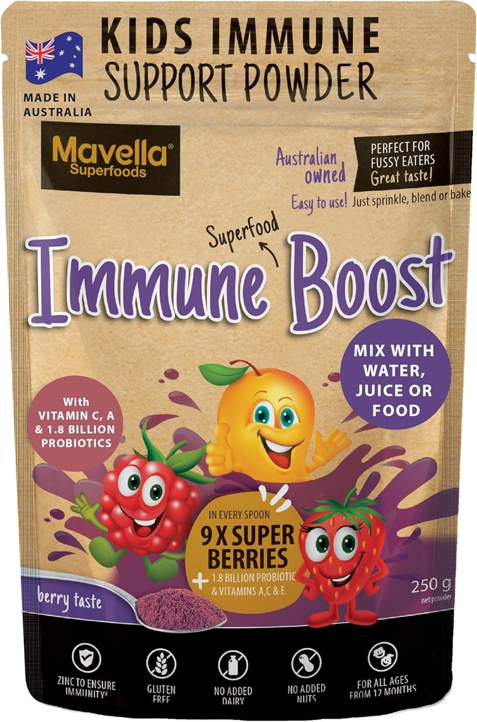 Bērnu Imūnās Atbalsta Pulveris - Imūnsistēma Atbalsts ar vitamīnu C A + E, Magnijs & Probiotikas ar 9 Superberries - Berry Taste Immunity Gumies Alternatīva 8.82oz (250g)
