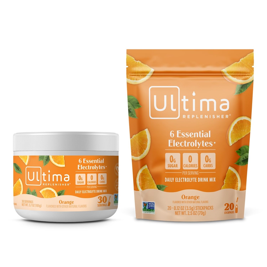 Ultima Replenisher Electrolyte Powder Drink Mix Bundle – Bezcukura – Oranža, 30 Kalpošanas kārba un 20 Stickpacks – 6 Elektrolīti un minerāli – Keto Friendly, Vegan, Non-GMO