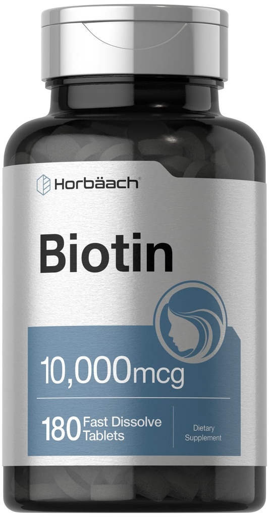 Horbäach Biotin 10000mcg - 180 Ātri izšķīdiniet tabletes -- sievietēm un vīriešiem -- Skaistumkopšanas papildinājums - Veģetārs, nav GMO, bez lipekļa