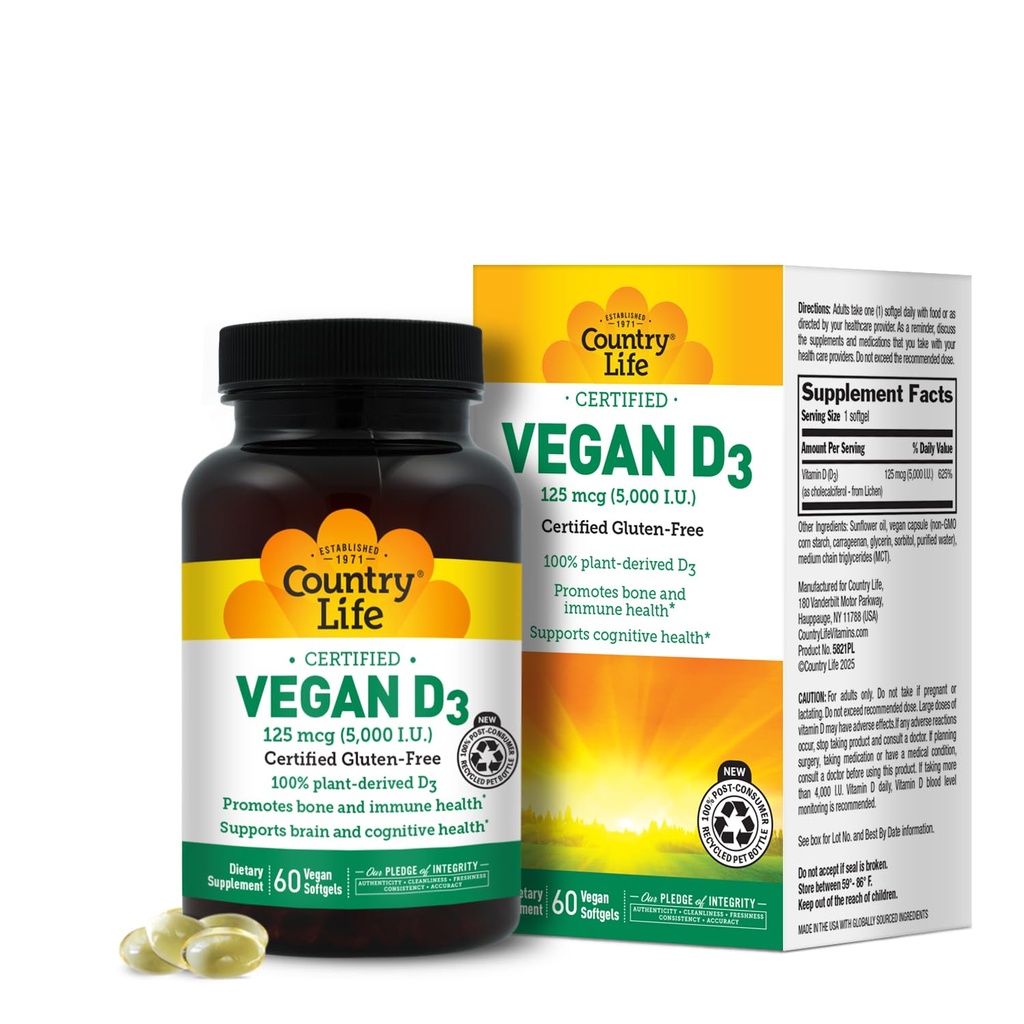 Country Life Vegan D3 5000 SV – augu izcelsmes vitamīns D3 no Lichen – augstas potences imūns un kaulu atbalsts – Sertificēts Vegan, bez lipekļa, ne-GMO – 60 softgeli