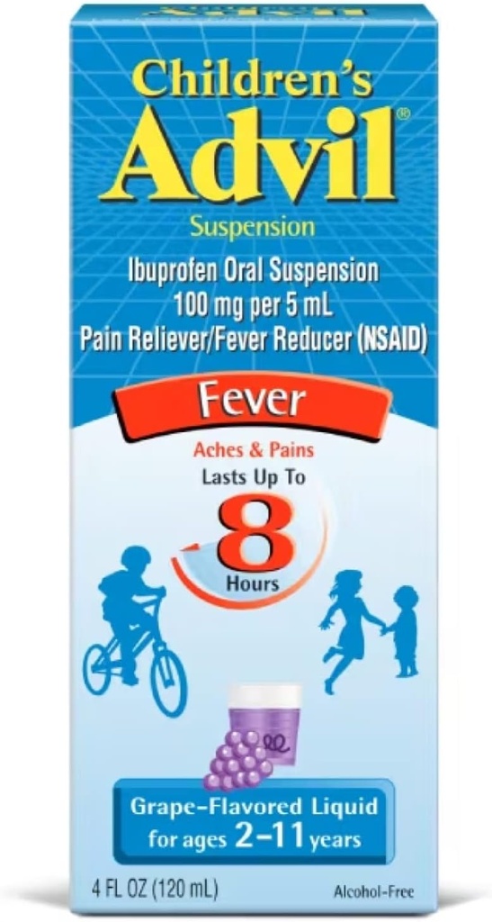 Bērnu Advil Suspensija Ibuprofēns 100mg Ātras sāpes Reliver un drudzis Reduktors Pēdējās līdz 8 stundām Vīnogu uzliesmojošs šķidrums laikmetiem 2 līdz 11 gadi - 3 iepakojumi pa 4 FL Oz pudelēm