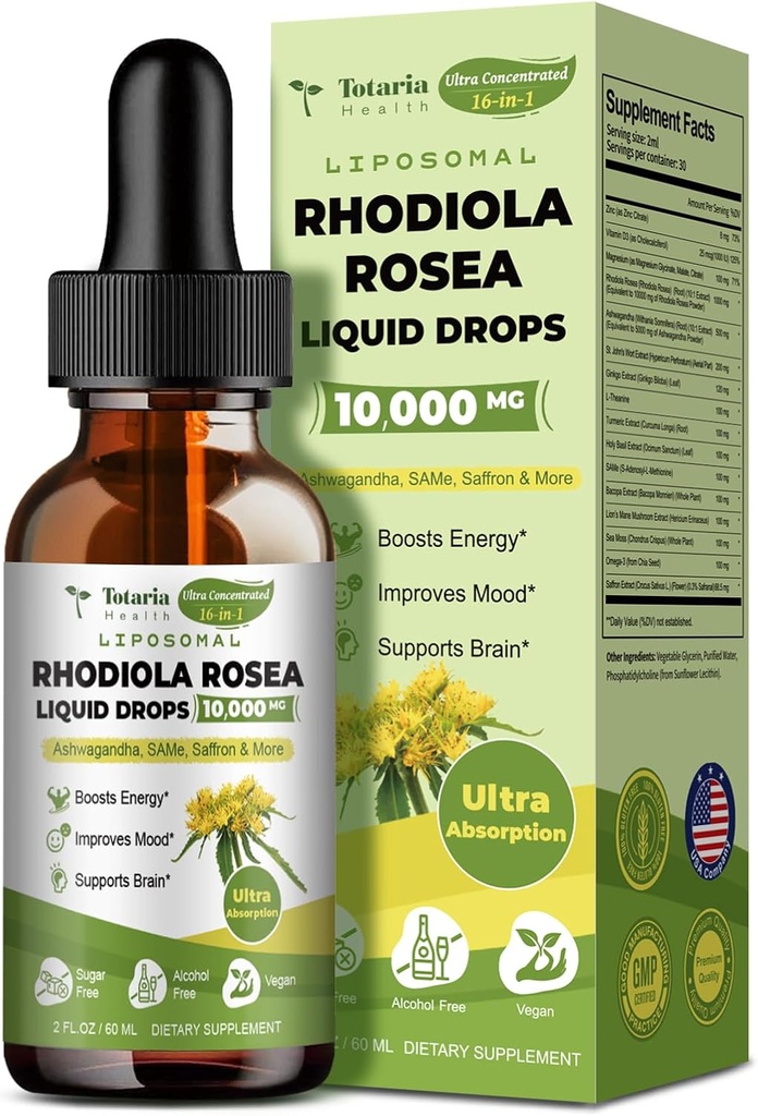 Totaria Liposomāla Rhodiola Rosea Tincture 16 in 1, w/Ashwagandha, L-Teanīns, Safrons, Ultra Streng Cortizol Papildinājums ar Rhodiola Rosea, Magnijs
