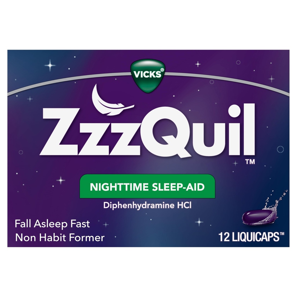 ZzzQuil, LiquiCaps, 25 mg Difenhidramīna HCl, Nr. 1 Sleep-Aid zīmols, ne-Habit Forming, Fall Asleep Fast, 12 Skaits