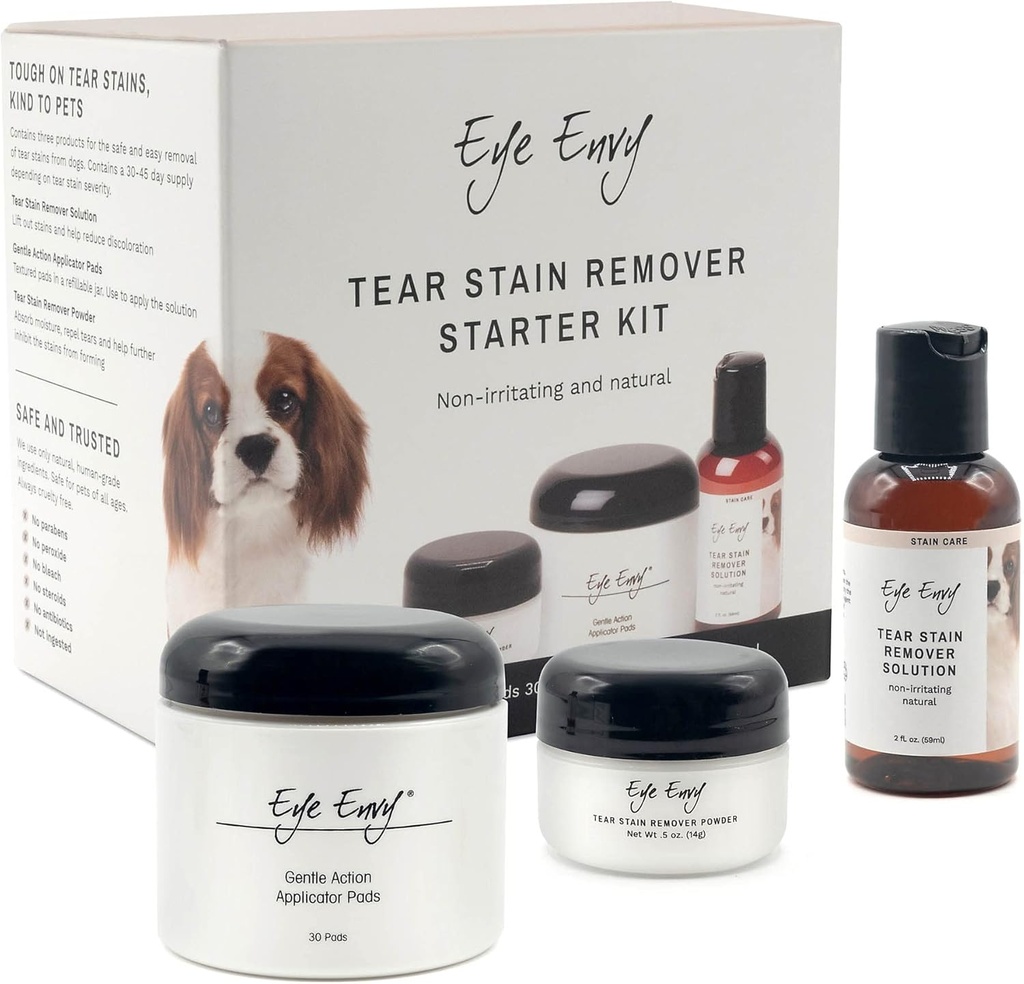 Acu apskurbums suns Tear Stain Remoper Starter komplekts. 100% Dabīgs, drošs. Satur: Stain šķīdumu, Applicator Pads un Stain pulveri. Noplēst Stain ārstēšanas komplekts. Ražots ASV