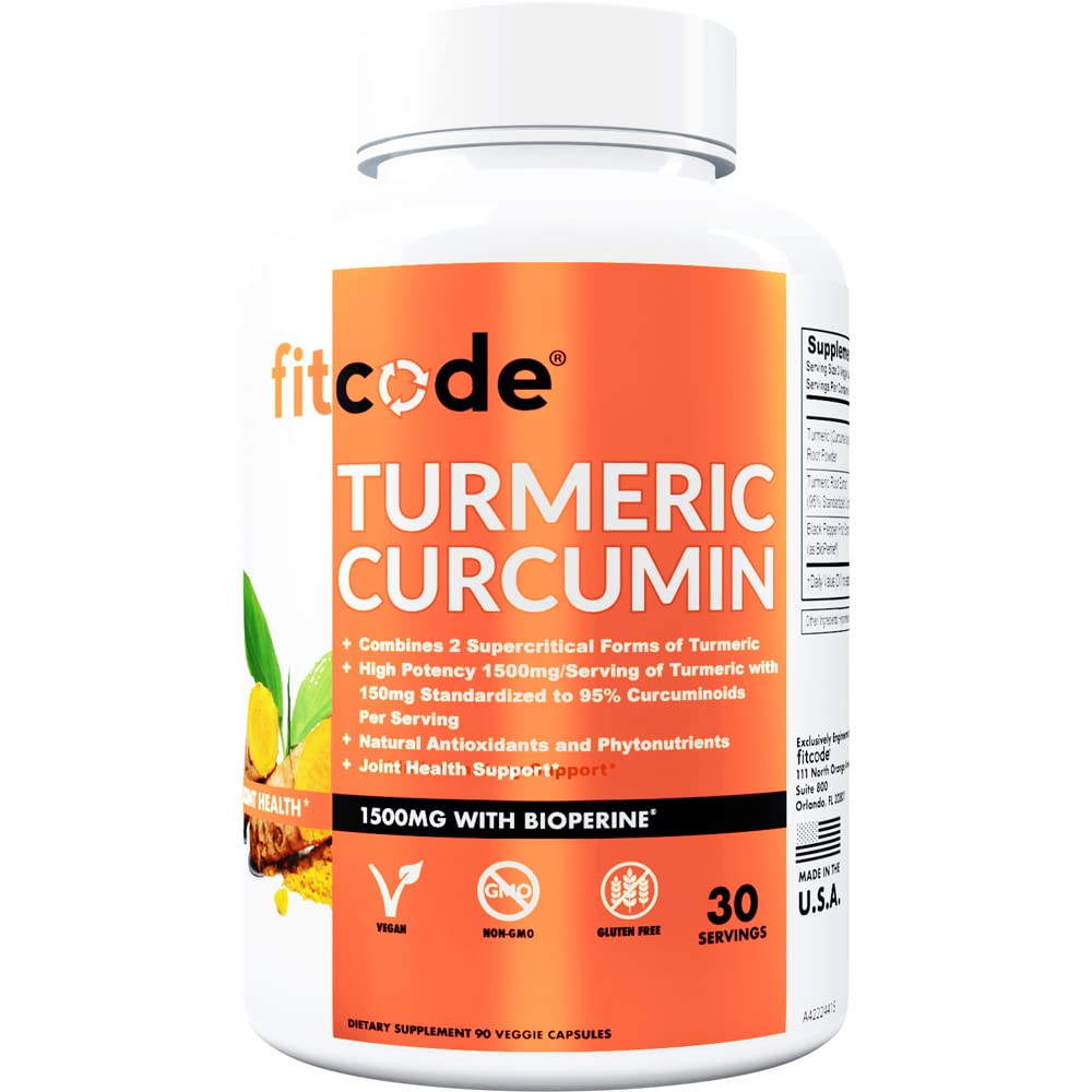 fitcode Turmeric Curcumin ar 95% kurkuminoīdiem, augstāko potenci, ne-GMO, bez lipekļa, 1500 mg ultra-Pure Turmeric Curcumin ar BioPerine pastiprinātai absorbcijai, 30 Veggie kapsulas