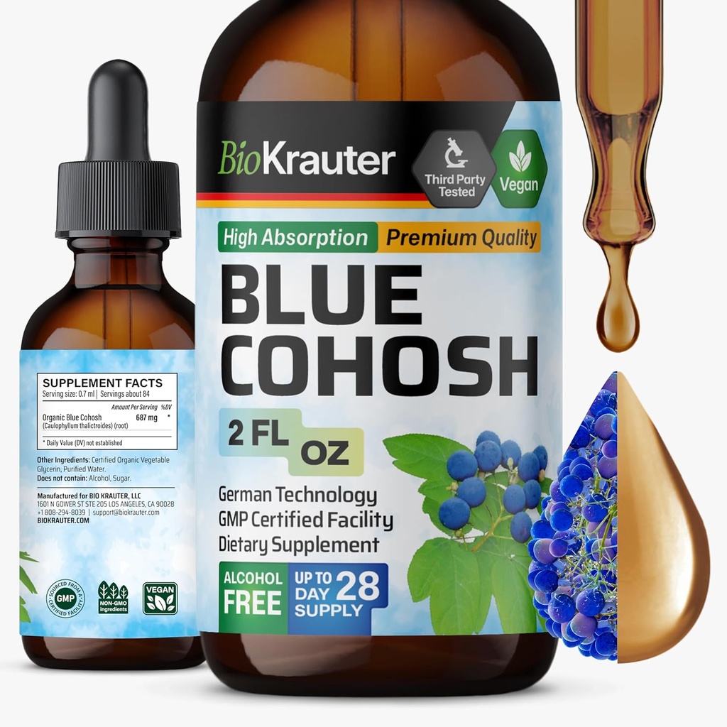 BIO KRAUTER® Menopauzes papildinājumi sievietēm* - Blue Cohosh Tincture 2 Fl.Oz 28 Supply dienas - Vegan Blue Cohosh ekstrakts menopauzes atbalstam - Alkohols un bez cukura - Relaksācija un Sieviešu labsajūta