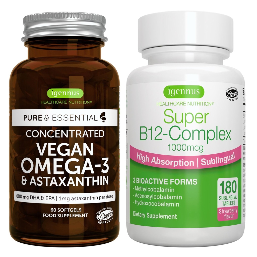 Vegan Omega-3 + Super B12-Complex 1000mcg Vegan Bundle, ilgtspējīga EPA un DHA Aļģu eļļa 1340mg + augsts Absorbcijas līmenis Sublinguālais vitamīns B12 ar metilkobalamīnu, adenozilkobalamīnu un hidroksokobalamīnu.
