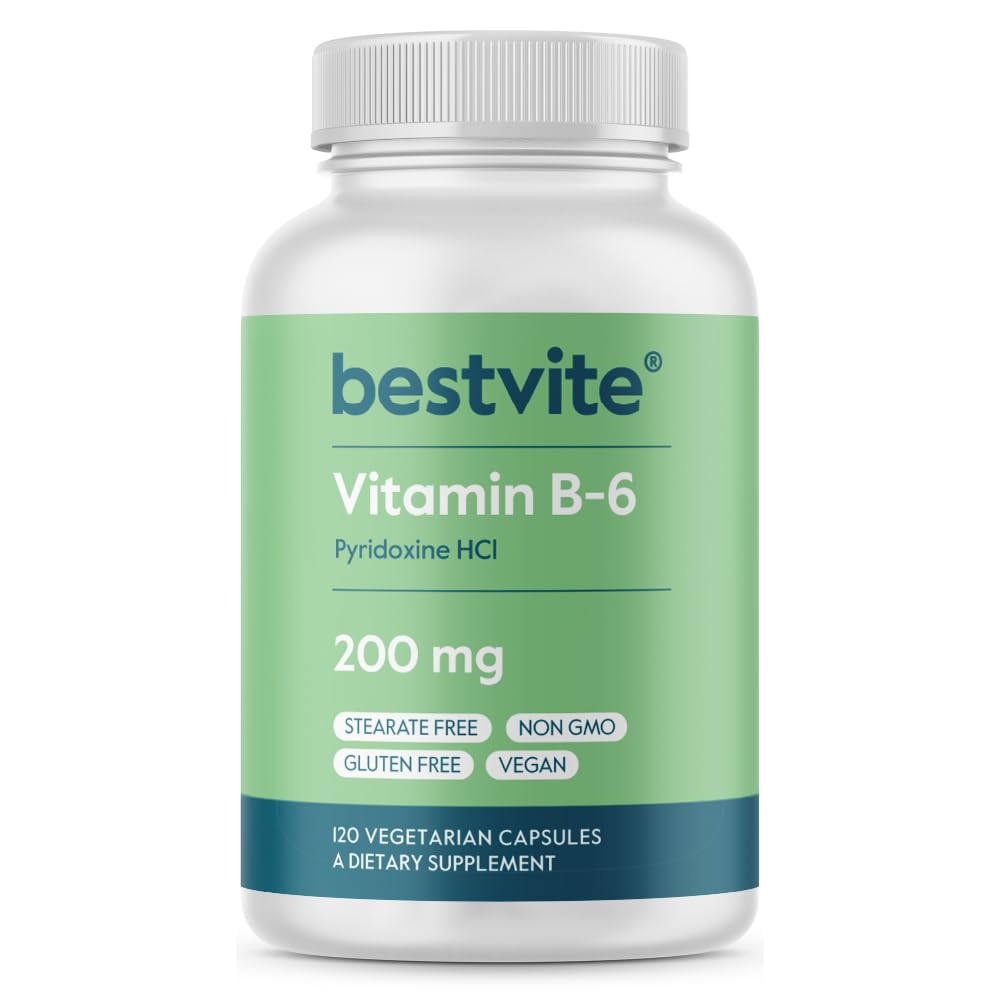 B-6 200mg vitamīns (120 Veģetārās kapsulas) - Nav stearātu - Bez plūsmas aģentiem - Vegāns - ne- ĢMO - nesatur lipekli