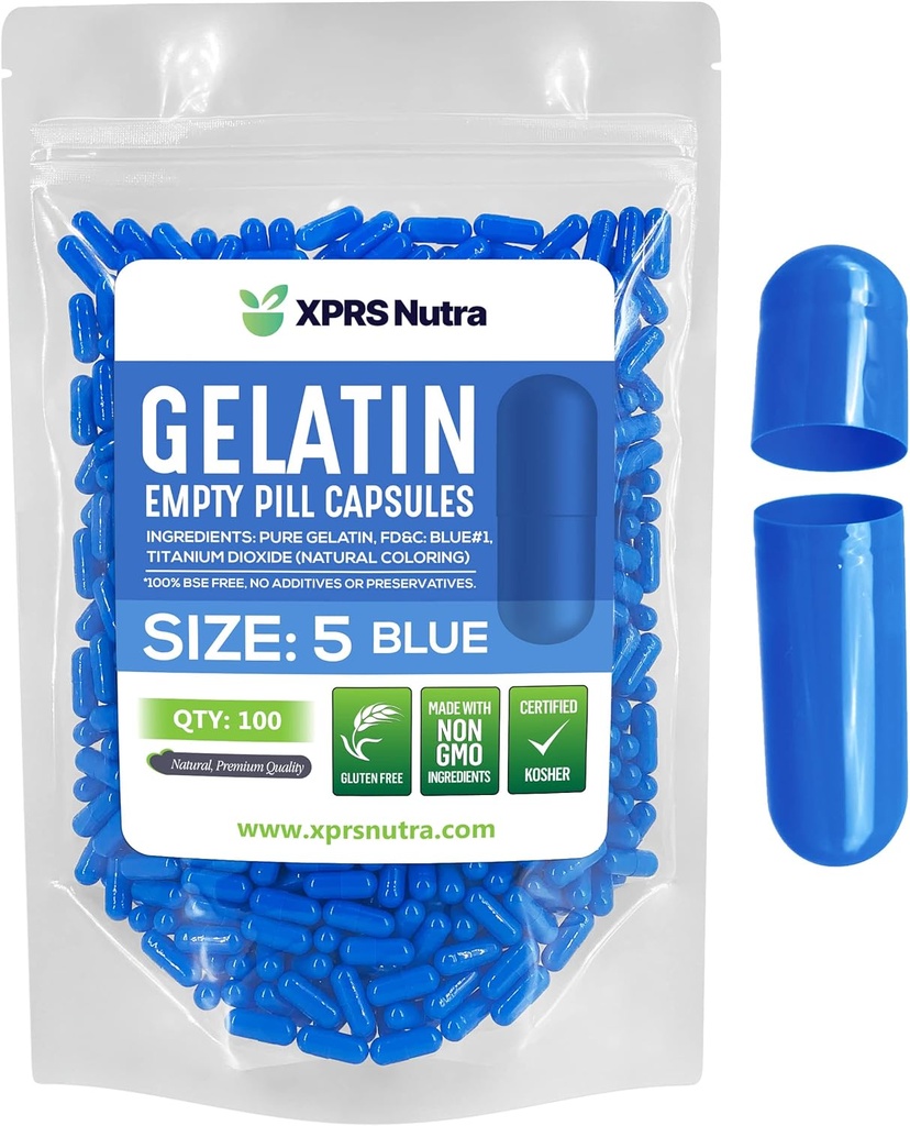 XPRS Nutra izmērs 5 Tukšas kapsulas - 100 Skaits ļoti mazas Tukšas Želatīna kapsulas - Tabletes DIY Kapsulas Pildījums - Piepildāmi želatīna vāciņi sev vitamīnu papildināšanai (zils)