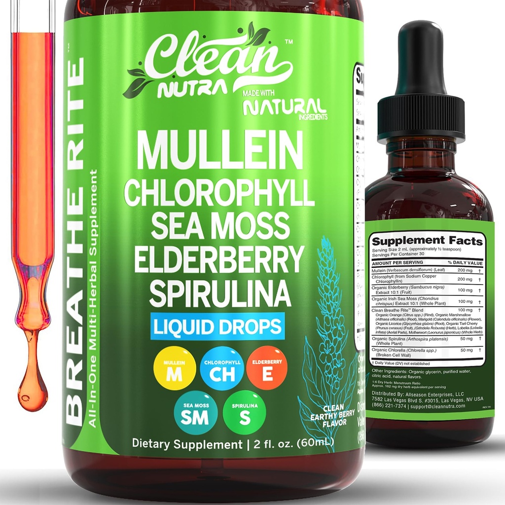 Tīrs Nutra Mullein Pilieni Lungs Organic Hlorophyll Šķidrs Irish Sea Moss, Spirulina, Likorice, Tart Cherry Lobelia, Motherwort & Elderberry Mullein Leaf Extract Tincture Vīrieši papildinājums