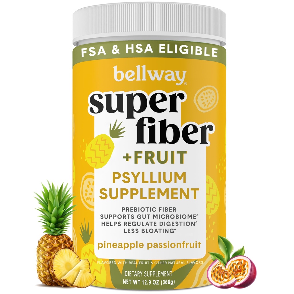 Bellway Super Fiber pulveris + augļi, bez cukura Organic Psyllium Husk pulveris Fiber papildinājums regularitātei, uzputošanas Reljef & Gremošanas veselība, augu bāzes, ananasu Passion augļi (50 Kalpo)