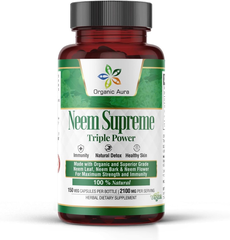 Organic Aura Neem Augstākās Kapsulas. 150 Veg kapsulas. Trīskāršs komplekss - Max Strength Pure High Potency Azadirachta Indica kapsulas. Dabas antioksidants, ādas veselība, bagātīgs imunitātes atbalsts.